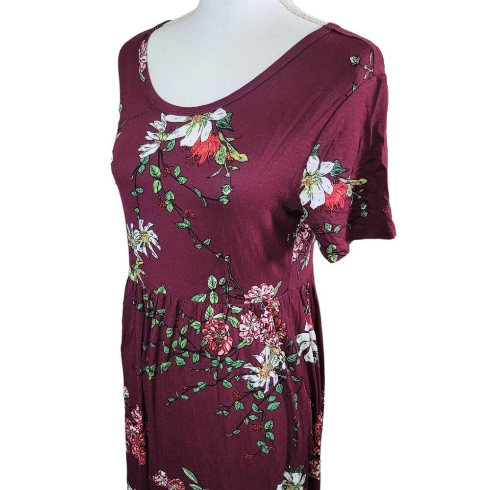 Dearcase Long Floral Dress Pockets Red Maroon Flowers Womens Large Floor Length‎